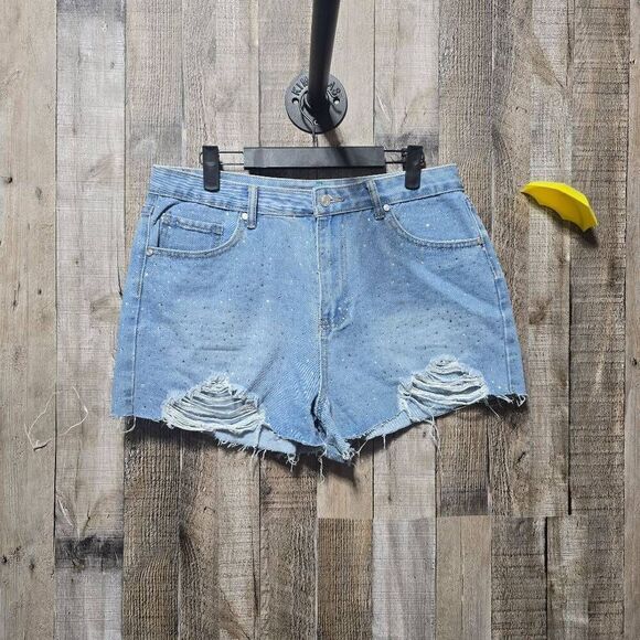 Cali 1850 Rhinestone Embellished Bling Distressed Jeans Shorts - Picture 1 of 5